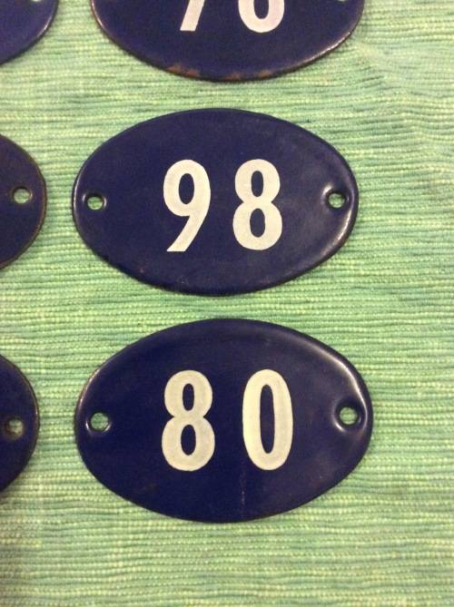 LOT TEN ENAMEL HOUSE NUMBERS - BID PER NUMBER FOR ALL - 8cm wide -  GREAT FIND -
