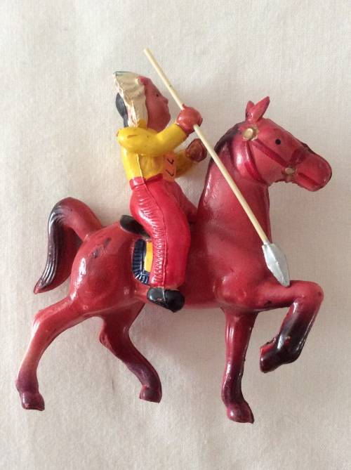 PRE 1960s JAPAN MADE CELLULOID INDIAN ON HORSE - 8 cm HIGH  - VERY RARE FIND -