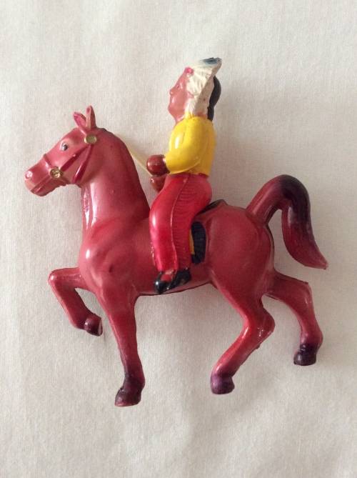 PRE 1960s JAPAN MADE CELLULOID INDIAN ON HORSE - 8 cm HIGH  - VERY RARE FIND -