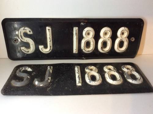 SET OF SJ OLD BLACK RAISED LETTER NUMBER PLATES -  GREAT OLD PLATES -