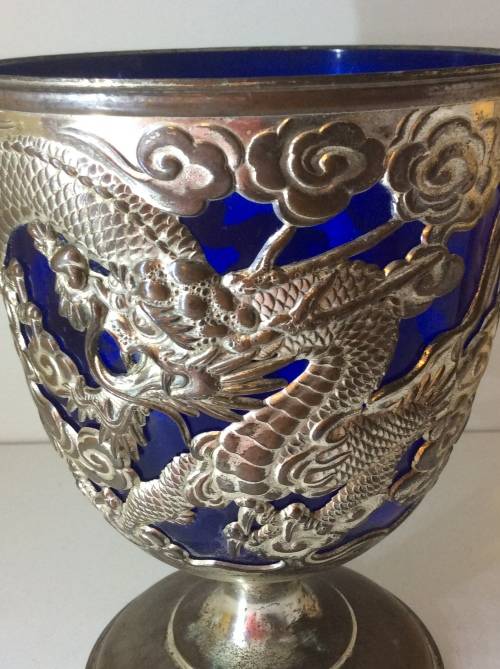 LARGE JAPANESE GOBLET - CLEAR MAKERS MARK - WHITE METAL WITH BAKERLITE/PLASTIC INNER - GREAT -