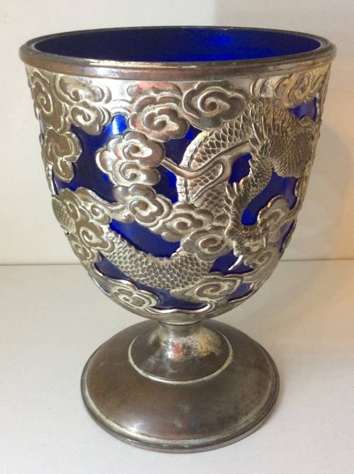 LARGE JAPANESE GOBLET - CLEAR MAKERS MARK - WHITE METAL WITH BAKERLITE/PLASTIC INNER - GREAT -