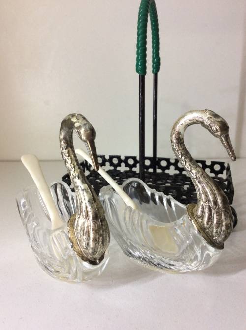 OLD JAPANESE MADE SET OF SALT AND PEPPER SWAN BOWLS WITH SPOONS