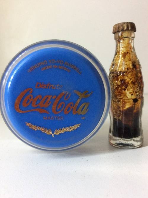 RUSSELL YO YO - MADE IN MEXICO BLUE WITH GOLD WRITING - PLUS MINIATURE COKE BOTTLE -