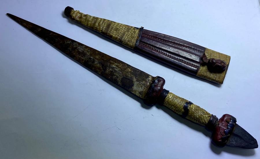 VERY OLD DAGGER IN SNAKE SKIN SHEATH - ORIGIN UNKNOWN -