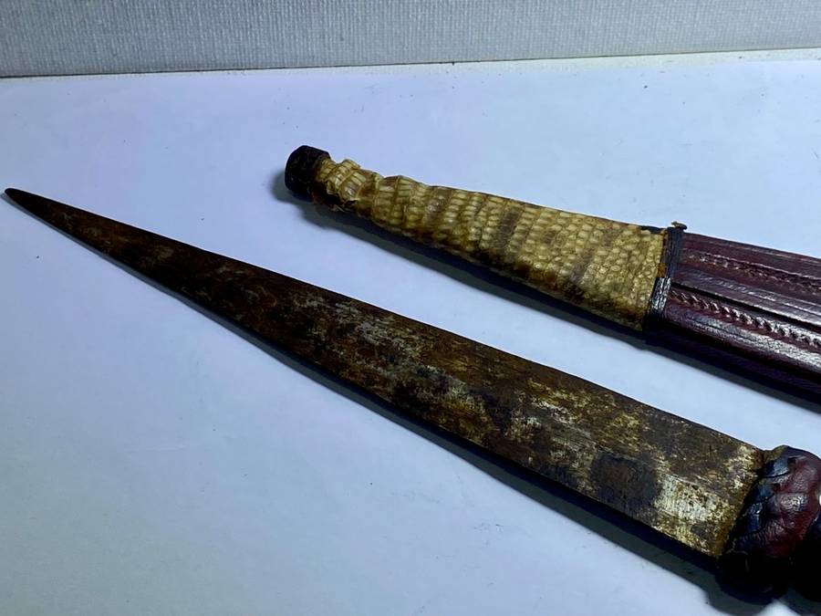 VERY OLD DAGGER IN SNAKE SKIN SHEATH - ORIGIN UNKNOWN -