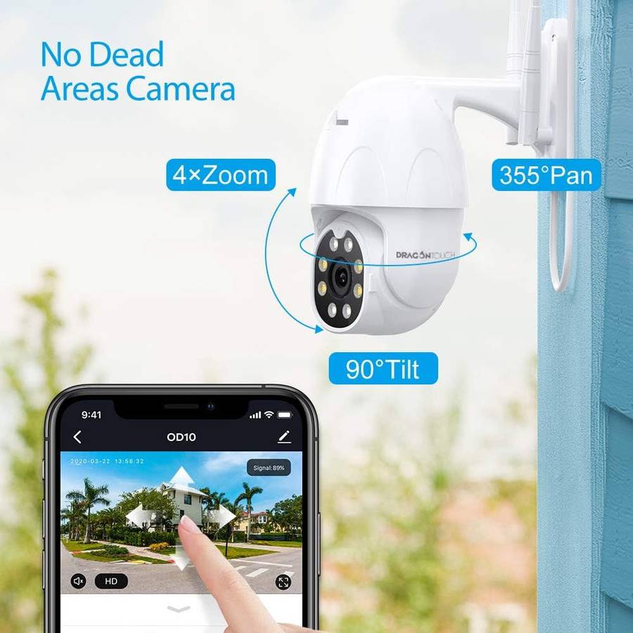 Dragon Touch OD10 PTZ - Tuya -Wifi Outdoor Camera- 2 Way Audio -Motion Detection - Works with Alexa