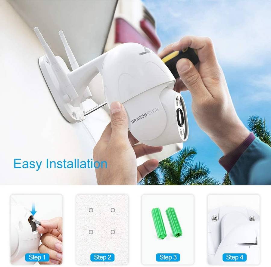 Dragon Touch OD10 PTZ - Tuya -Wifi Outdoor Camera- 2 Way Audio -Motion Detection - Works with Alexa