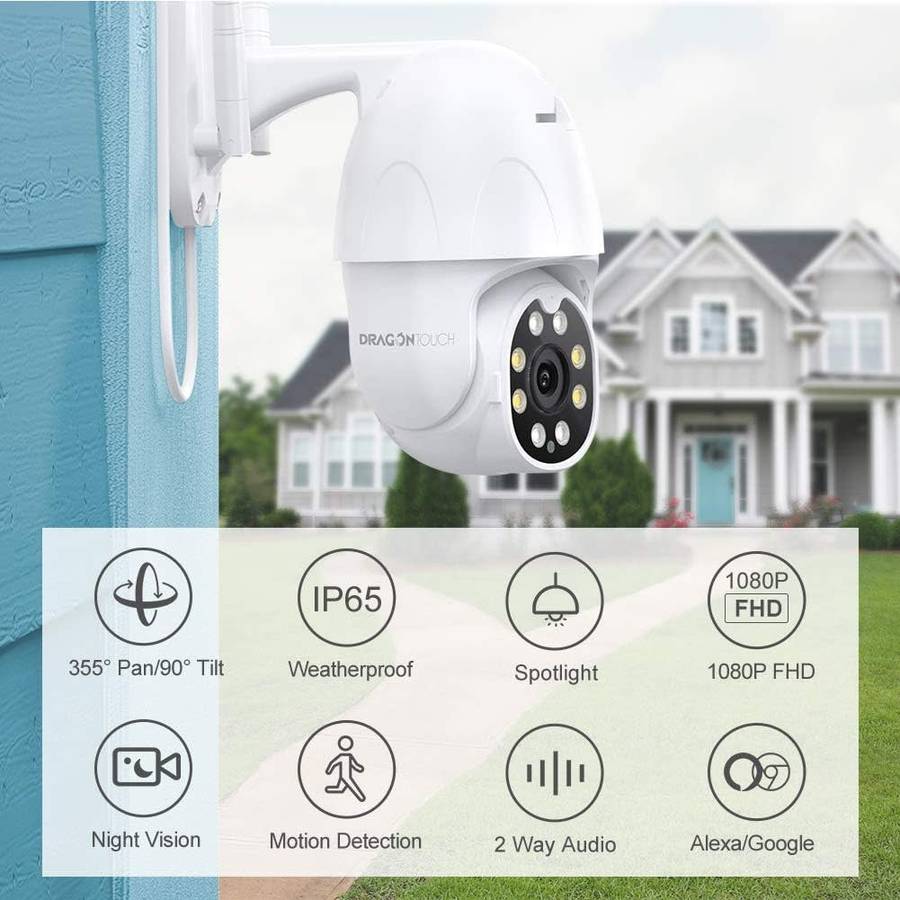Dragon Touch OD10 PTZ - Tuya -Wifi Outdoor Camera- 2 Way Audio -Motion Detection - Works with Alexa