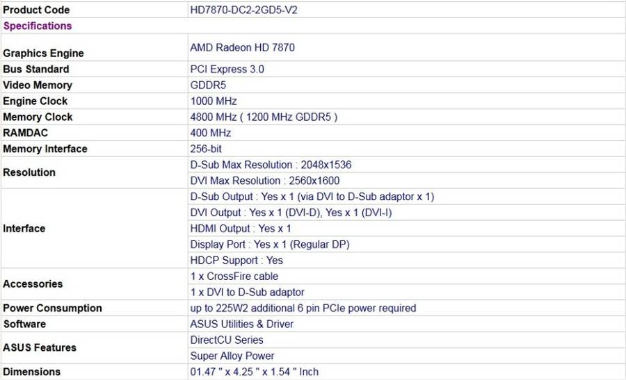 hd 7870 dc2 v2 2gb gddr5 ddr5 amd asus radeon graphics card pci express 3.0 version 1000mhz 4800mhz 1200mhz 400mhz ramdac 256-bit 128-bit double memory latency bandwidth