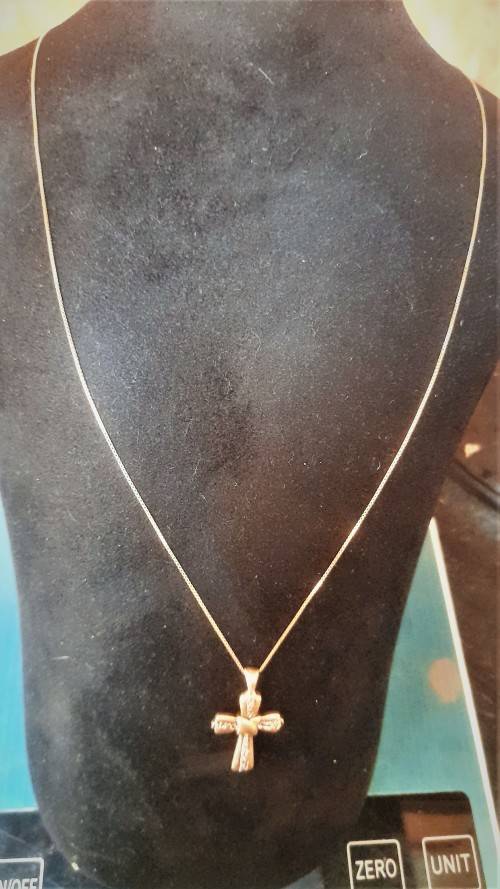 Lovely 9 Carat `Gold Cross and Chain` with small Diamond.