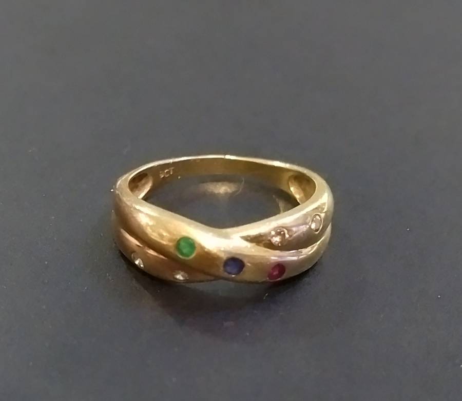 Ladies `Beautiful` Gemstone Crossover 9ct Yellow Gold Dress Ring.