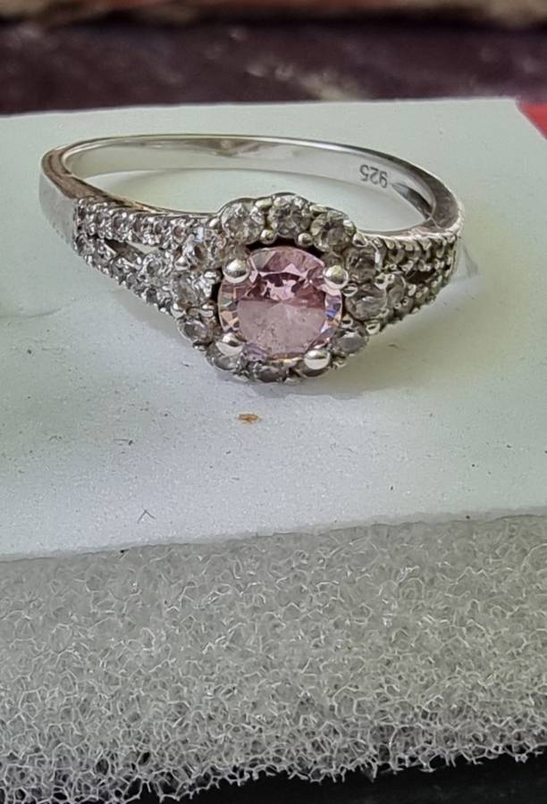 Round Cut / Pink Pave CZ 925 Sterling Silver  Halo ring.( Genuine Silver)