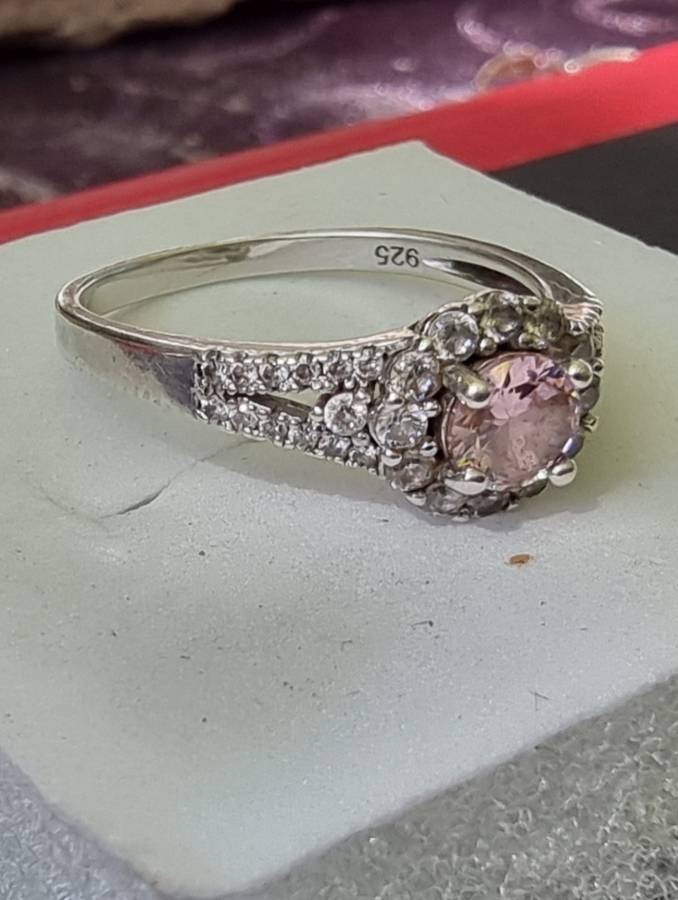 Round Cut / Pink Pave CZ 925 Sterling Silver  Halo ring.( Genuine Silver)