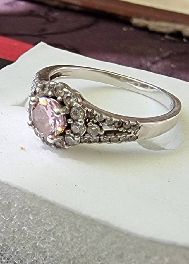 Round Cut / Pink Pave CZ 925 Sterling Silver  Halo ring.( Genuine Silver)