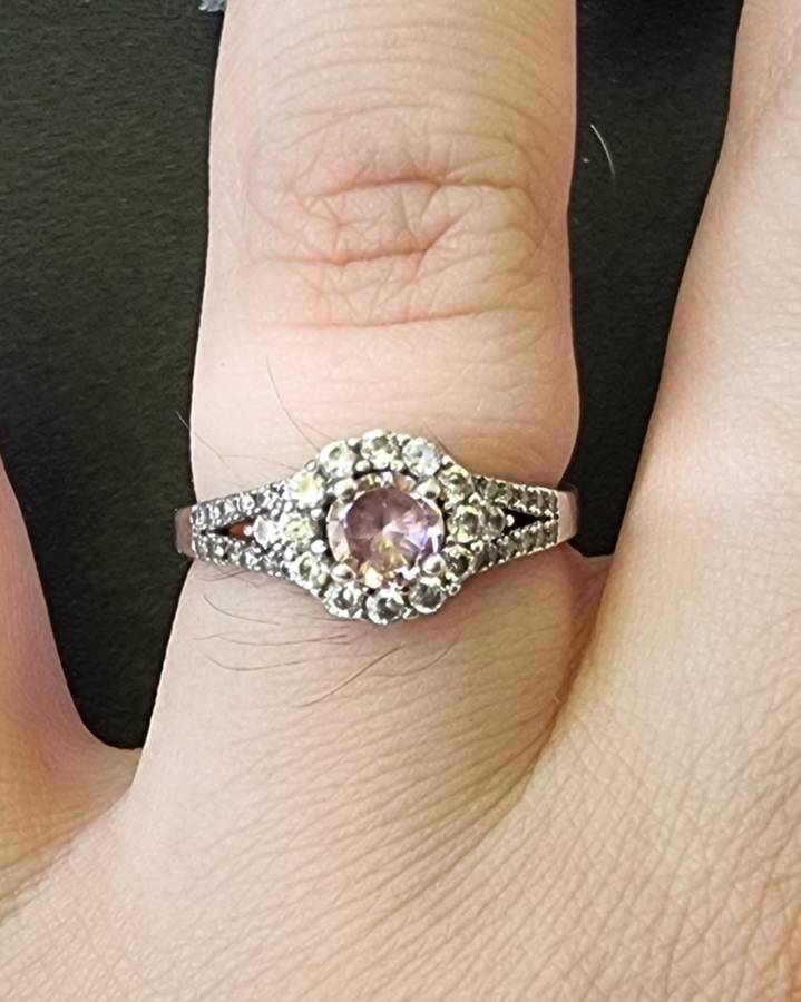 Round Cut / Pink Pave CZ 925 Sterling Silver  Halo ring.( Genuine Silver)