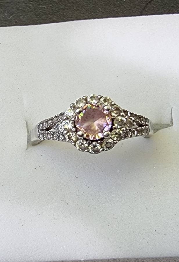 Round Cut / Pink Pave CZ 925 Sterling Silver  Halo ring.( Genuine Silver)