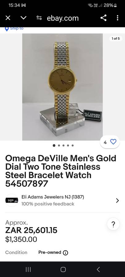 "PERFECT WORKING CONDITION"`OMEGA` De Ville Men`s  Gold Two Tone Watch. (Genuine)
