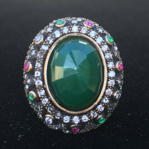 Vintage Style Oval Turkish Emerald CZ Solid .925 Sterling Silver Ring Size 8