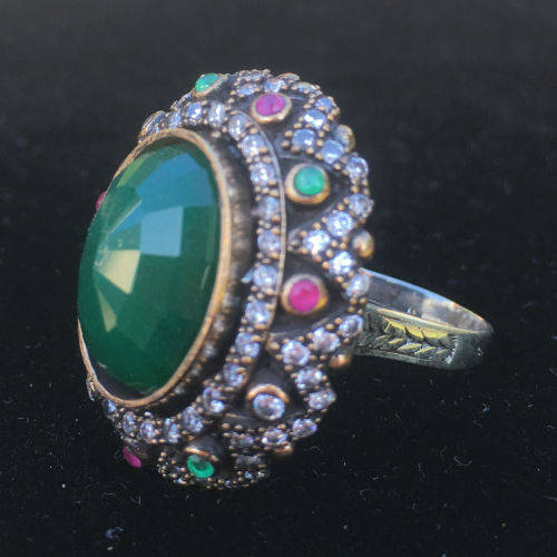 Vintage Style Oval Turkish Emerald CZ Solid .925 Sterling Silver Ring Size 8