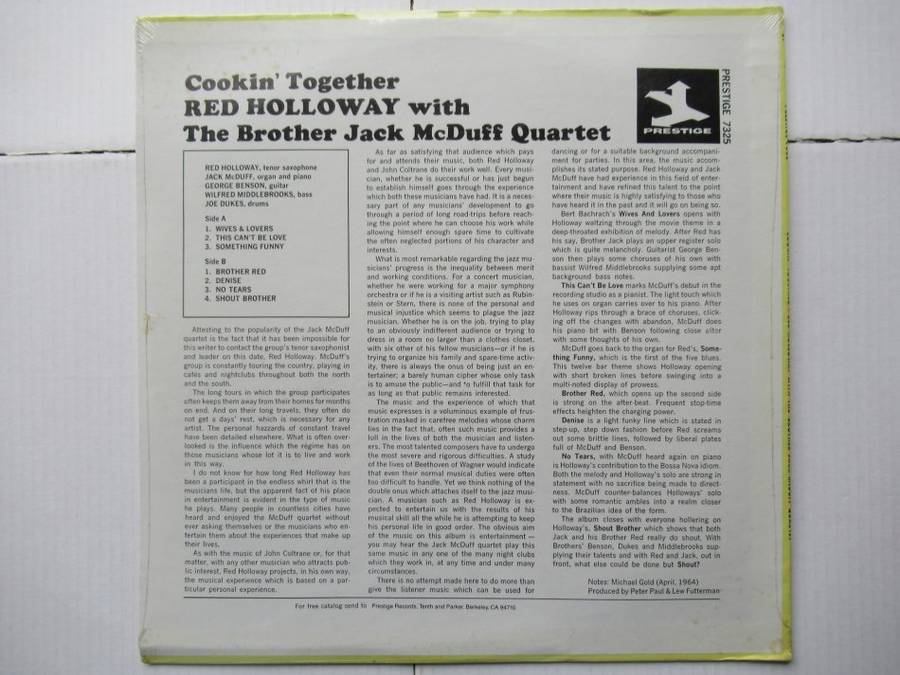 RED HOLLOWAY WITH THE BROTHER JACK MCDUFF QUARTET - COOKIN' TOGETHER - USA EX / EX SEALED