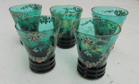 Vintage Hand Painted SHOT / VODKA Glasses x 5. Approximately 5.5 cms high