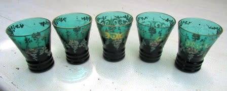 Vintage Hand Painted SHOT / VODKA Glasses x 5. Approximately 5.5 cms high