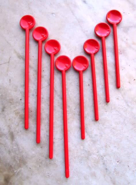Bodum Stir Sticks Red x 4 Coffee 20 cms, 4 x Tea 13.5 cms Circa 1980's Swiss Made