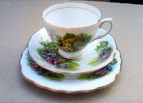 Royal Vale  "Country Cottage" Trio Gold Trim Bone China England