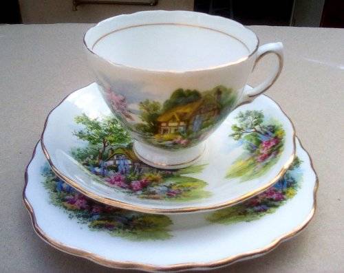 Royal Vale  "Country Cottage" Trio Gold Trim Bone China England