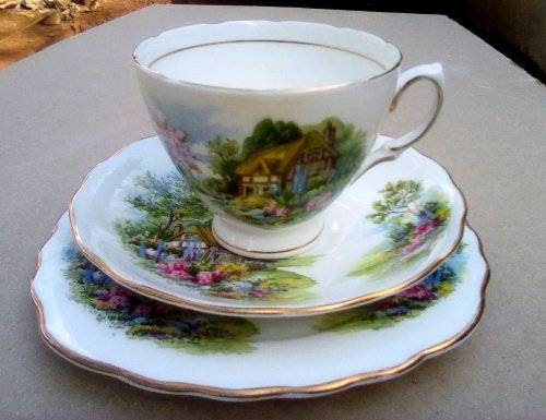 Royal Vale  "Country Cottage" Trio Gold Trim Bone China England