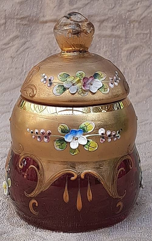 Raised Enamel Floral Glass Tumbler Lidded Pot hand painted