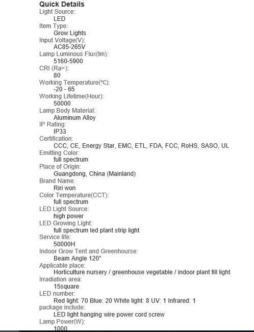 INDOOR LED GROW LIGHT - FULL SPECTRUM 1000W