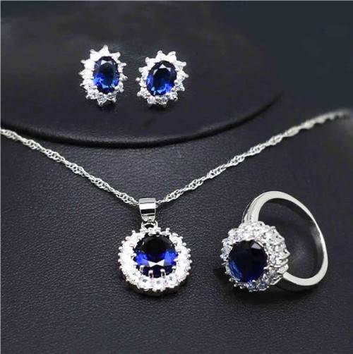 Princess Di Blue Crystal Sapphire Gem Ring,Earrings & Pendant Set Gold Plated Wedding Ring