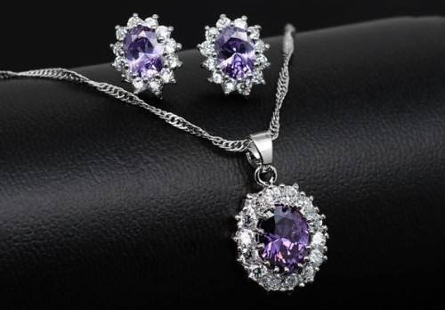 Princess Kate Amethyst Crystal Earrings & Pendant Set Gold Plated