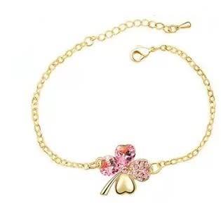 Crystal Pink Clover 4 Leaf  heart Pendant,Earrings and Bracelet Jewelry Set