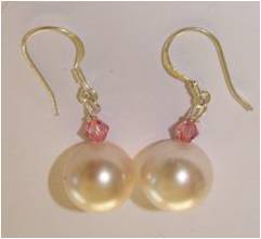 Pink austrian crystal and white sea shell bead earrings