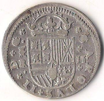 1684 CHARLES II SPANISH SILVER CROSS 2 REALES COIN