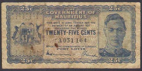 1940 MAURITIUS KGVI 25 Cents BANKNOTE PREFIX A SERIAL NUMBER AT CENTRE - Pick 24a