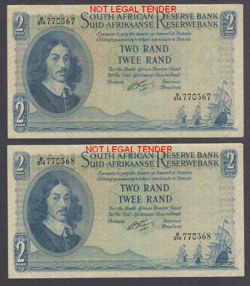 SOUTH AFRICA G RISSIK TWO RAND BANKNOTES IN SERIAL NUMBER SEQUENCE - EF
