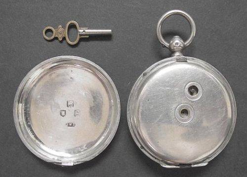 VINTAGE 1902 J.W BENSON SILVER LUDGATE POCKET WATCH WITH KEY - NOT WORKING