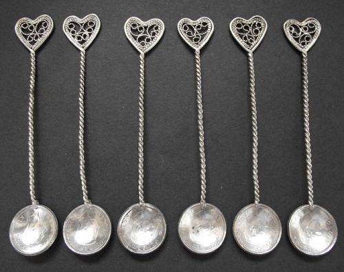 UNION OF SOUTH AFRICA SIX PENCE SILVER COIN SPOONS x 6