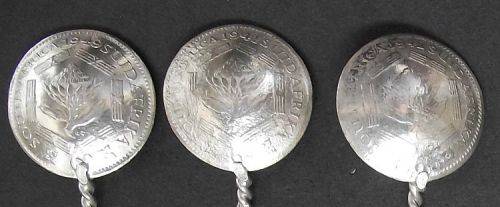 UNION OF SOUTH AFRICA SIX PENCE SILVER COIN SPOONS x 6