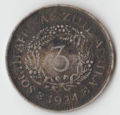 1924 UNION OF SOUTH AFRICA 3 PENCE SILVER TICKEY COIN