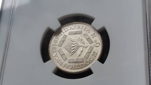 1936 UNION OF SA  6D  GRADED MS 64  BY NGC