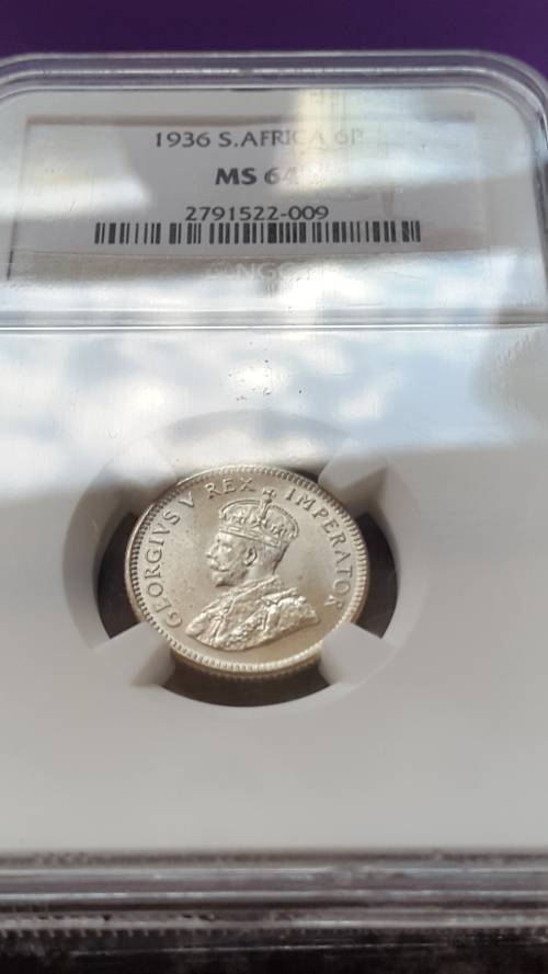 1936 UNION OF SA  6D  GRADED MS 64  BY NGC