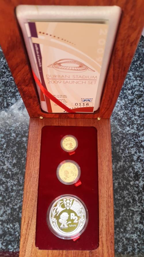 FIFA WORLD CUP... DURBAN STADIUM LAUNCH 2009. 1/4 OZ 24CT,  1/10th OZ 24 CT, 1 OZ R2 STERLING SILVER