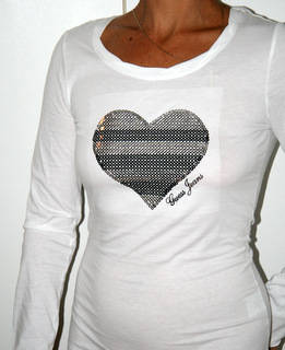 Guess Long sleeved White Tee, with silver and white heart sequin - size Small