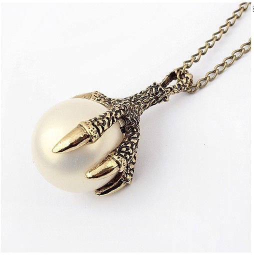 Unique Faux Pearl Vintage Bronze Claw Necklace