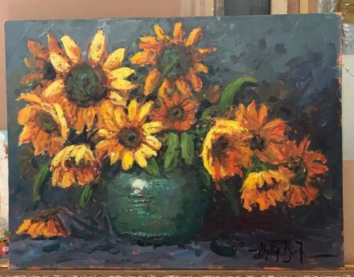 STUNNING PHILLIP BRITZ  61 X 46 CM OIL ON CANVAS LAID DOWN SUNFLOWERS